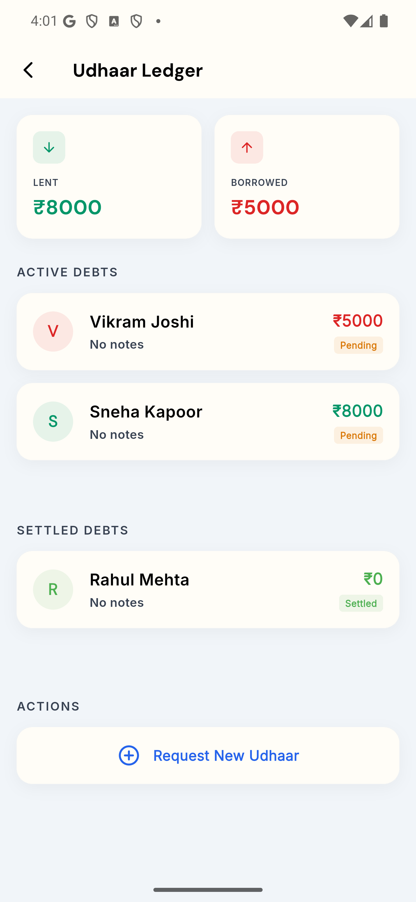 Udhaar Ledger with demo entries: Lent ₹8000 and Borrowed ₹5000 totals, two pending active debts, one settled debt, and the Request New Udhaar action